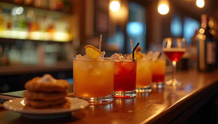 Vista ravvicinata di un bancone con cicchetti tradizionali torinesi e cocktail colorati