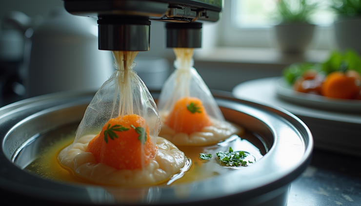 Vista dall’alto di un dispositivo sous-vide in funzione con sacchetti di cibo immersi in acqua