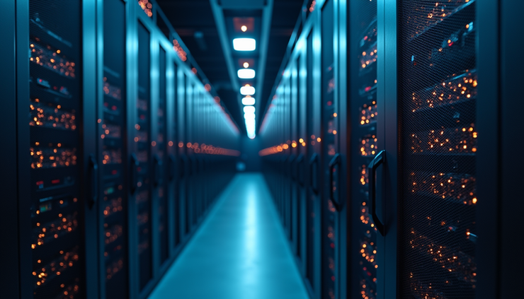 Vista dall’alto di un server rack con luci LED accese in un data center