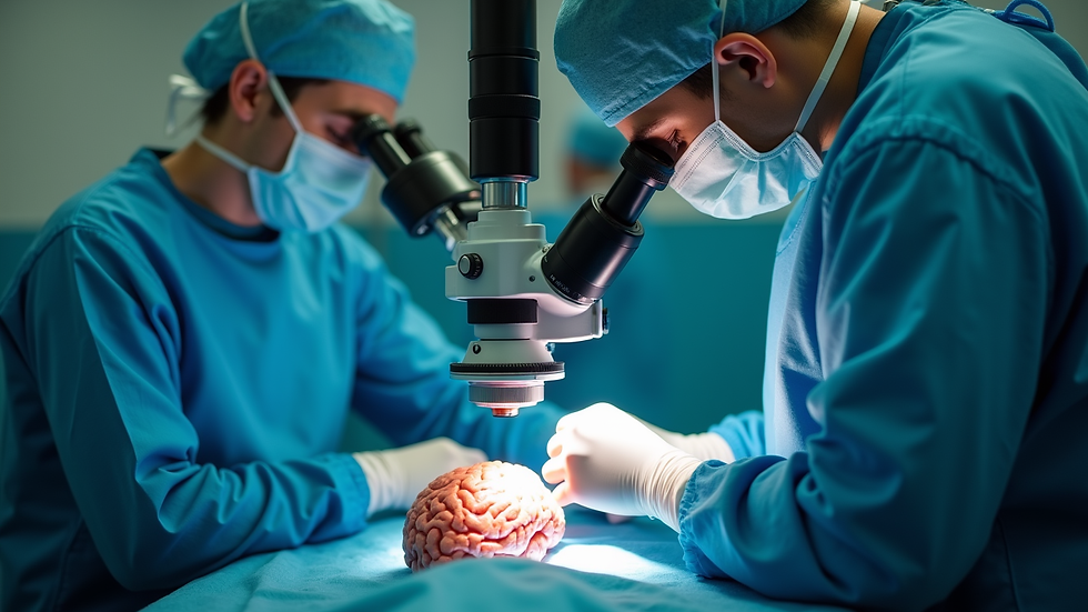 Close-up view of a neurosurgeon using a surgical microscope during a brain tumor operation