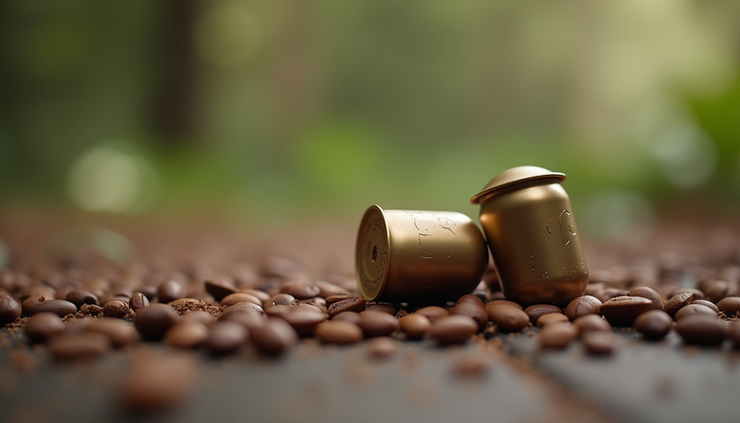 Vista ravvicinata di capsule compatibili con caffè su sfondo naturale