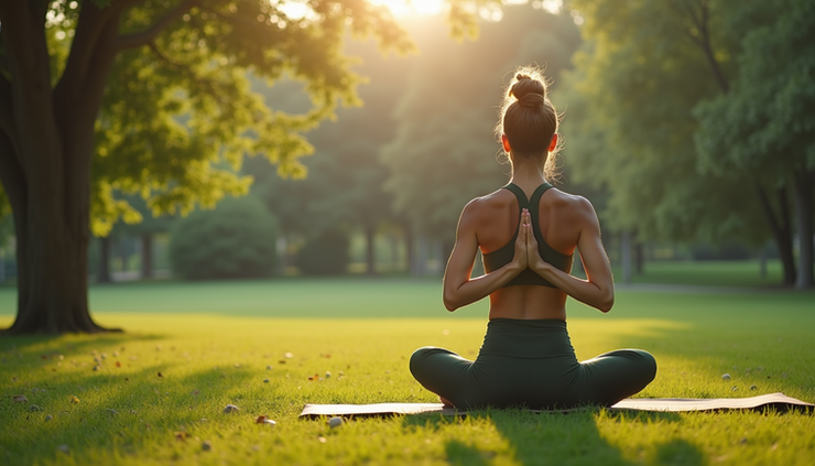 Vista dall'alto di una persona che pratica yoga all'aperto in un parco verde