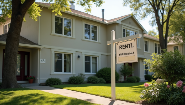 Vista frontale di un edificio residenziale con un cartello "Affittasi"