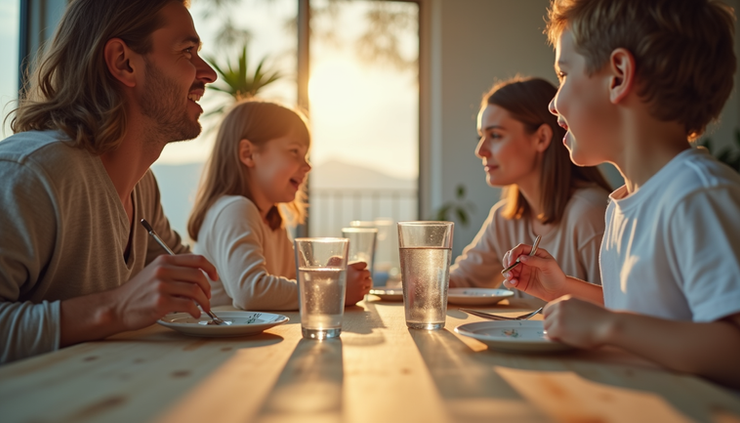 Vista a livello occhi di una famiglia che beve acqua idrogenata insieme a tavola durante un pasto