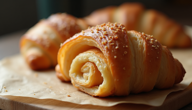 Vista ravvicinata di un croissant con doppia sfogliatura che mostra gli strati sottili e ben definiti