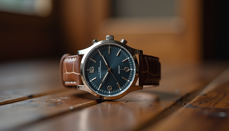 Vista ravvicinata di un orologio elegante con cinturino in pelle su un tavolo di legno