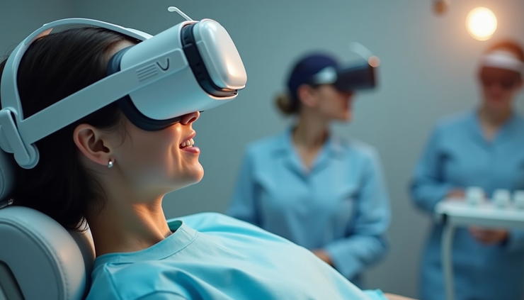 Vista laterale di un paziente che utilizza visore per realtà virtuale durante una visita dentistica a Torino