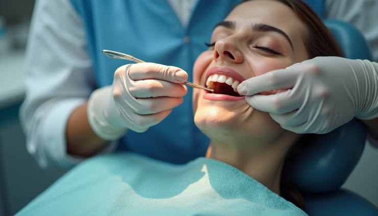 Vista frontale di dentista che esegue controllo su otturazioni estetiche