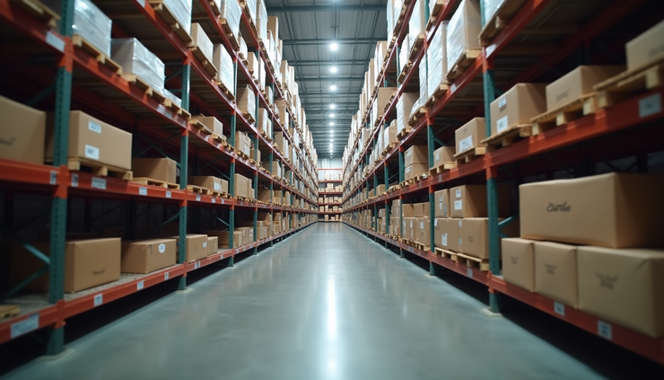 Vista a livello occhi di un magazzino organizzato con scaffali ordinati e prodotti ben sistemati