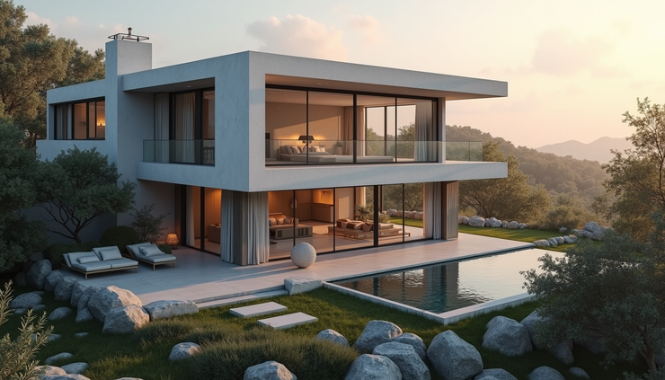 Vista dall'alto di una casa moderna progettata con ampie vetrate e spazi aperti