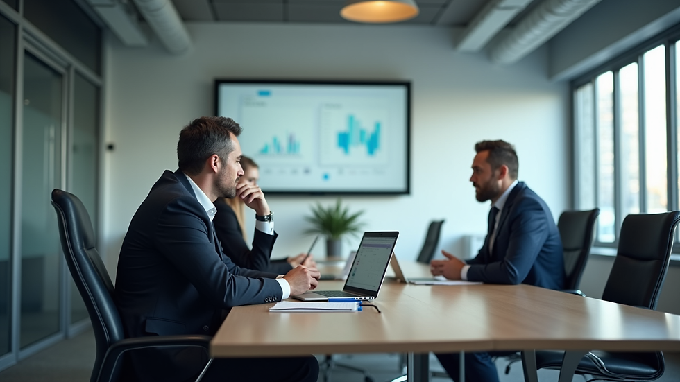 Vista laterale di una sala riunioni con manager che discutono dati di sicurezza informatica