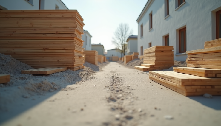 Vista a livello occhi di un cantiere con materiali edili ordinatamente disposti e pronti per l’uso