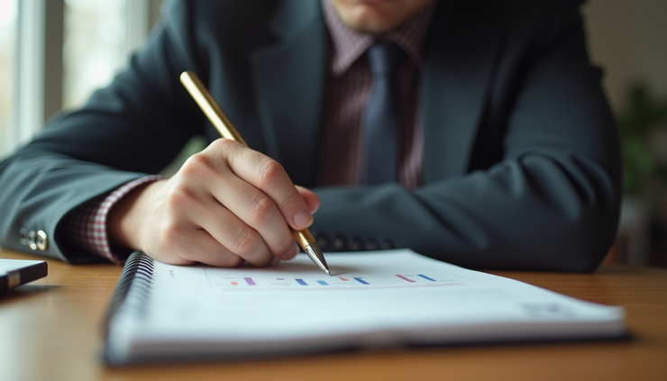 Vista ravvicinata di un imprenditore che riflette davanti a un quaderno con appunti strategici