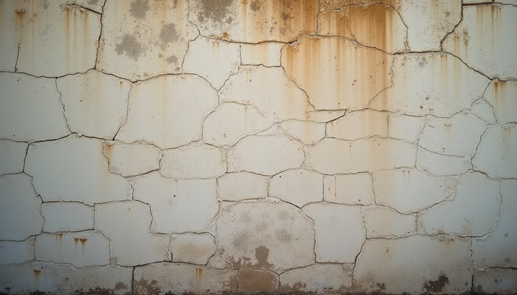 Vista ravvicinata di una parete in muratura con crepe e umidità