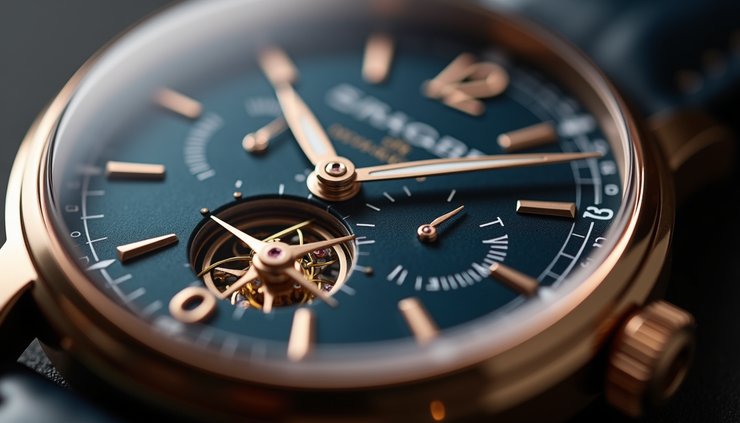 Vista ravvicinata di un orologio di lusso con quadrante dettagliato e meccanismo visibile