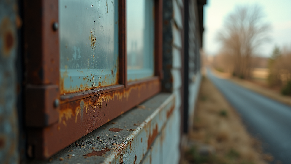 Close-up view of a rusty window frame