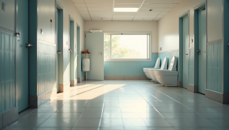 Vista laterale di un bagno pubblico con pavimenti puliti e illuminazione naturale