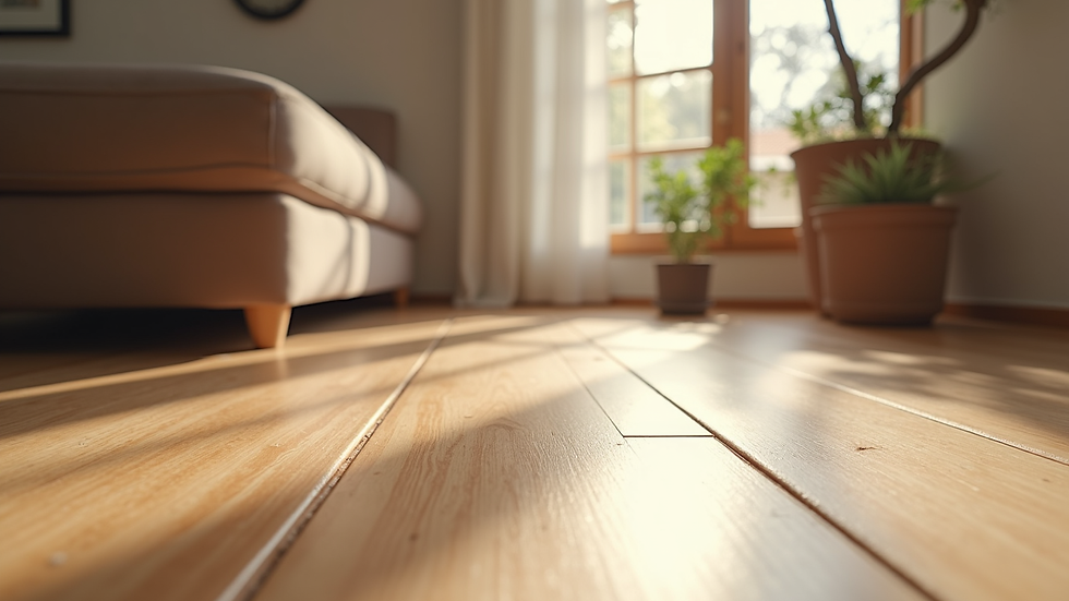 Vista laterale di un pavimento radiante con finitura in legno in ambiente domestico