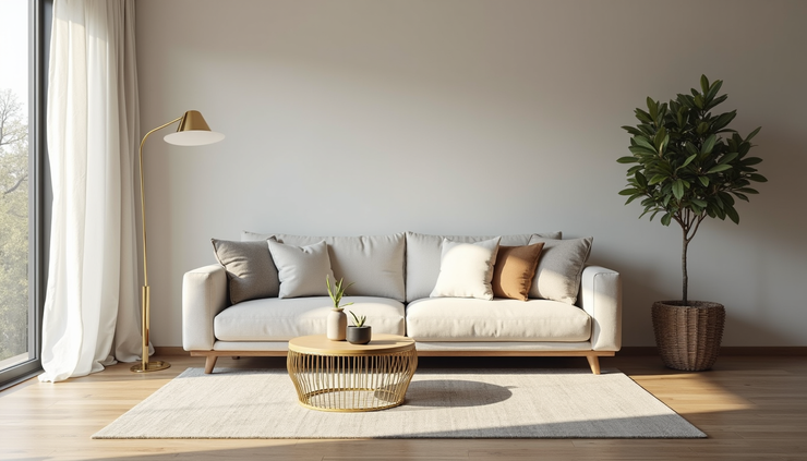 Vista a livello occhi di un soggiorno ordinato e privo di polvere con mobili moderni