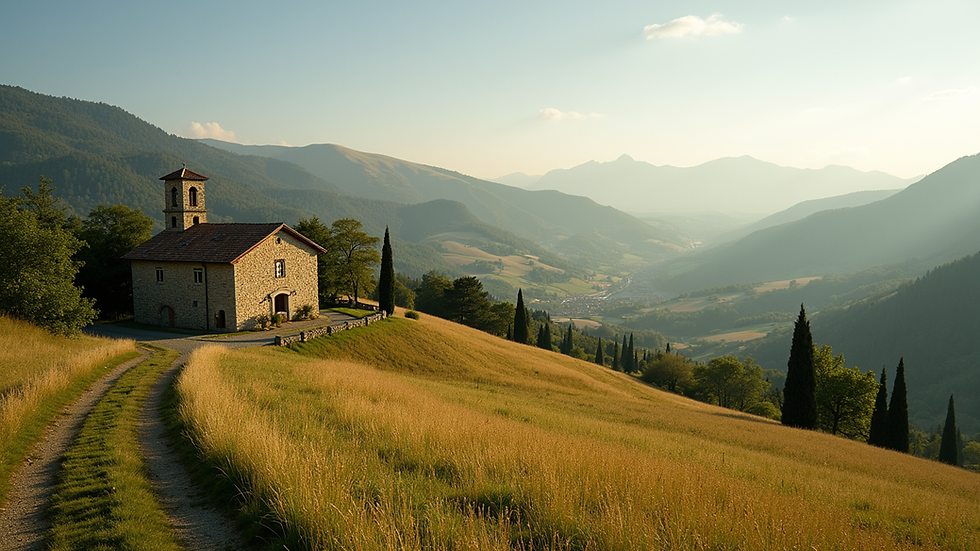 Vista panoramica di una cascina in pietra tra le colline del Monferrato