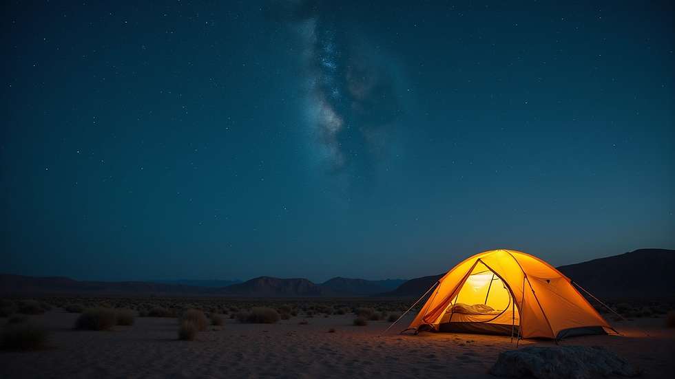 Tenda da campeggio illuminata sotto un cielo stellato nel deserto di Viana