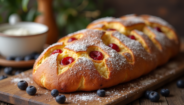 Vista ravvicinata di una focaccia dolce appena sfornata con zucchero e frutta