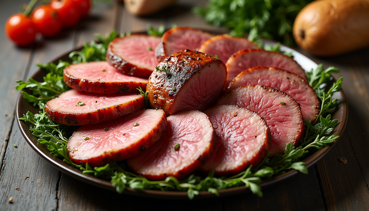 Vista dall'alto di un piatto di bollito misto piemontese con le sette carni disposte ordinatamente