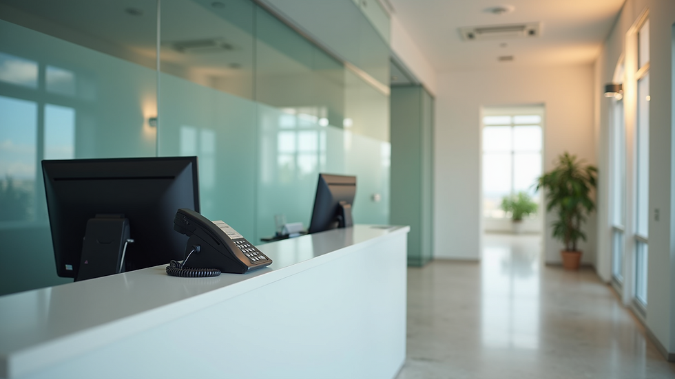 Eye-level view of a disinfected reception area with a computer and phone