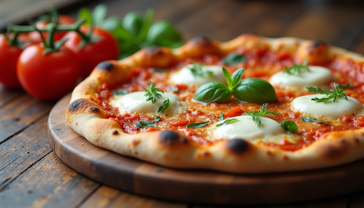 Vista ravvicinata di una pizza napoletana con fior di latte e bufala DOP