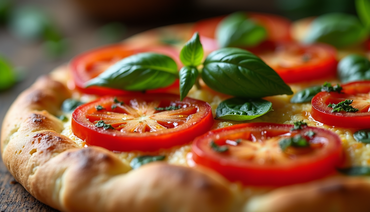 Vista ravvicinata di una focaccia al pomodoro fresco appena sfornata con pomodori maturi e foglie di basilico