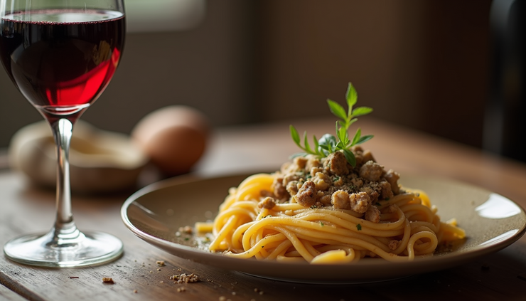 Vista ravvicinata di un calice di Barolo con un piatto di tajarin al tartufo