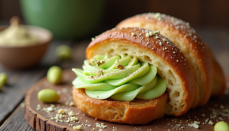 Vista ravvicinata di un croissant al pistacchio con crema verde brillante all'interno