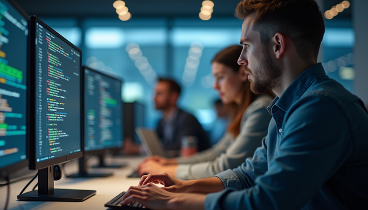 Vista laterale di un team di sviluppo che lavora su codice in un ambiente collaborativo