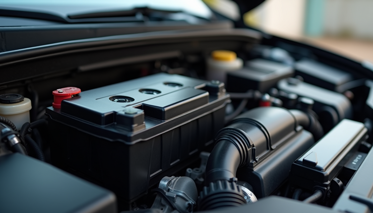 Vista laterale di una batteria auto nuova installata in un vano motore pulito