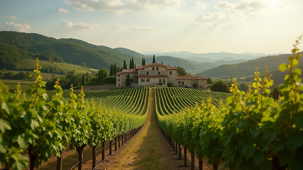 Wide angle view of a vineyard landscape with stone houses in Langhe