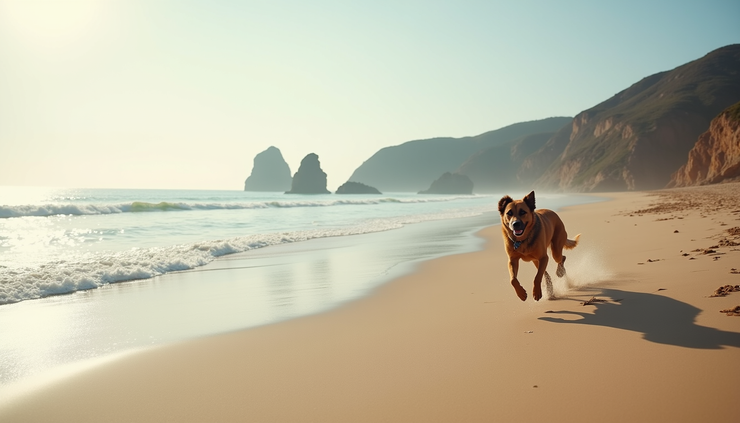 Vista panoramica della spiaggia di Loano con un cane che corre sulla sabbia