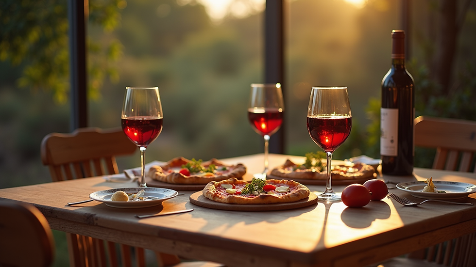 Vista dall’alto di un tavolo apparecchiato con pizze, bicchieri e bottiglie di vino