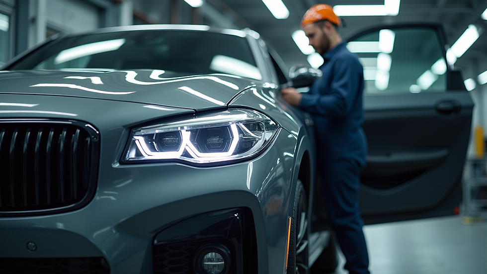 Vista laterale di un’auto in fase di riparazione in carrozzeria con tecnici al lavoro
