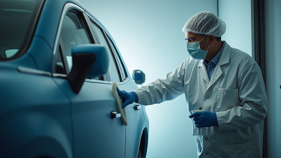 Vista ravvicinata di un tecnico che applica vernice su una portiera auto in cabina di verniciatura
