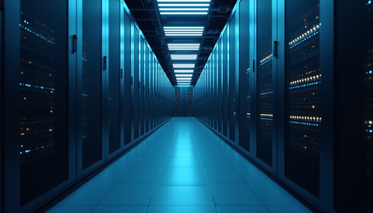 Vista a livello occhi di un moderno centro dati con server e luci LED blu