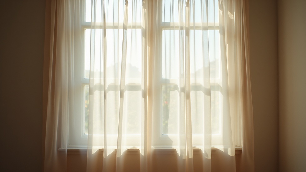 Eye-level view of a stylish pleated mosquito net installed on a large window