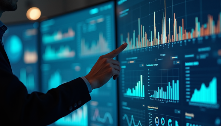 Vista a livello occhi di un tecnico che monitora dashboard di performance di sistema bancario