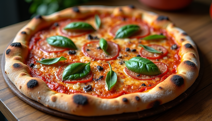 Vista dall’alto di una pizza a ruota di carro appena sfornata con bordo alto e croccante