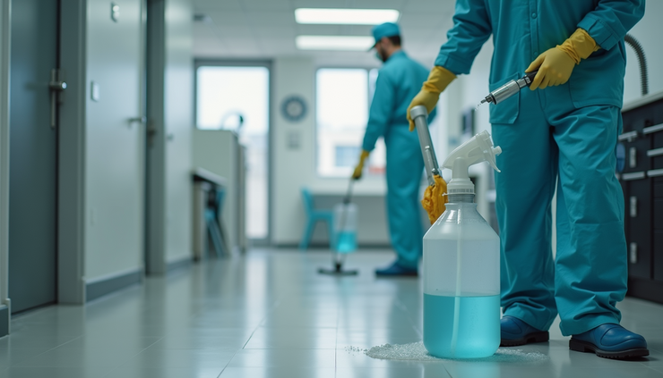 Vista a livello occhi di un tecnico che utilizza prodotti ecologici per la pulizia in un ambiente commerciale