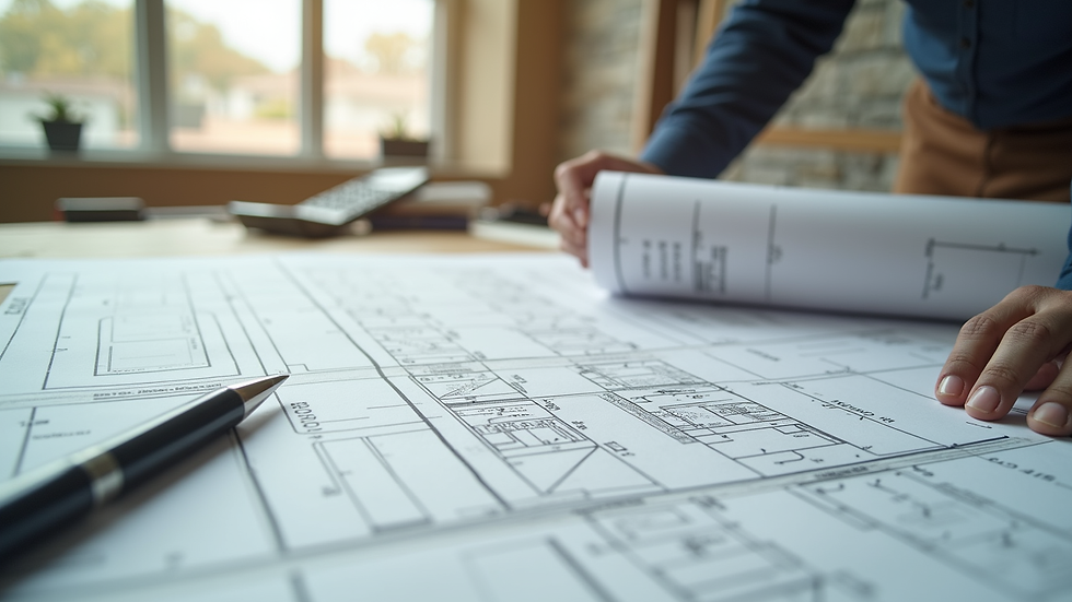 Close-up view of construction materials and office renovation plans