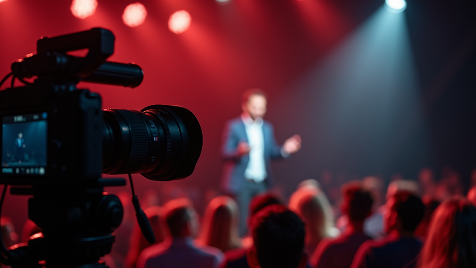 Close-up view of a camera capturing a speaker on stage