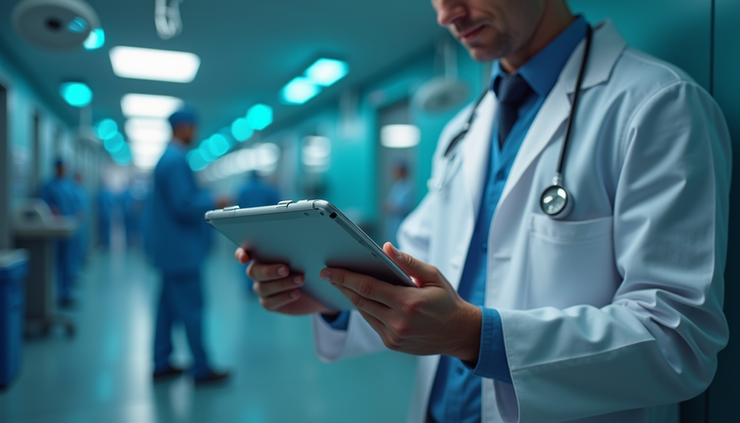 Vista ravvicinata di un medico che analizza dati biometrici su un tablet