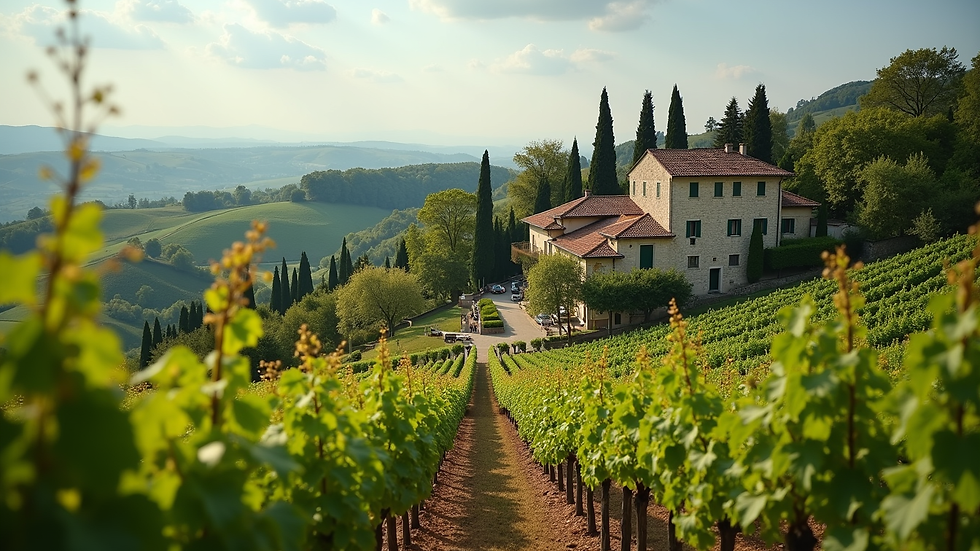 Eye-level view of a stone farmhouse surrounded by vineyards in Alto Monferrato
