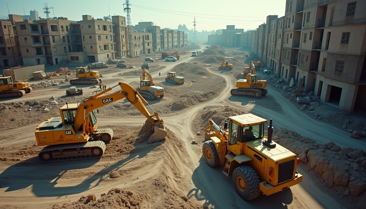 Vista dall’alto del cantiere con operai e macchinari in azione