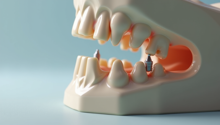 Vista laterale di impianti corti inseriti in mandibola atrofica con protesi fissa